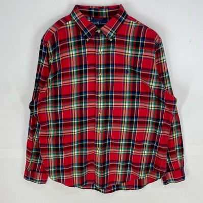 古着 ラルフローレン RALPH LAUREN 長袖シャツ ボタンダウン ワンポイント ロングスリーブ XL レッド系 チェック メンズ
