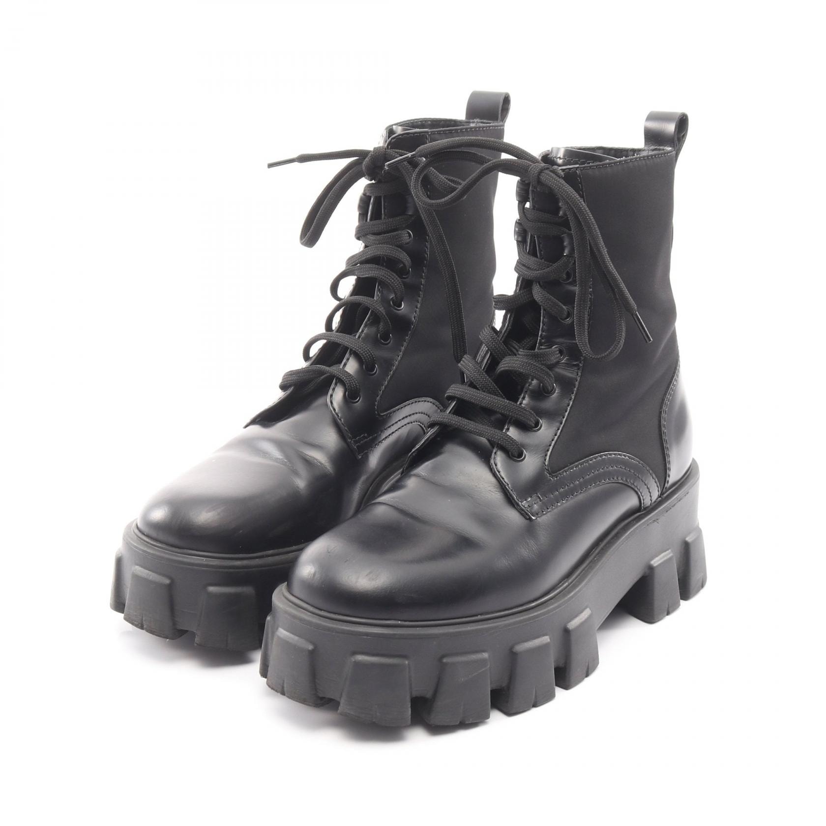 プラダ PRADA Re-Nylon モノリス ブーツ 靴 ナイロン レザー レディース ブラック系 【中古】