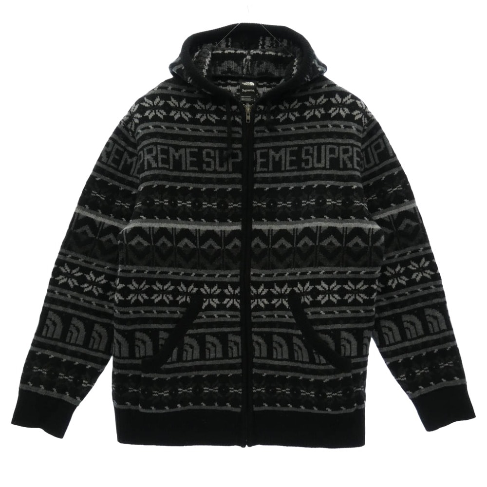 Supreme シュプリーム 22AW NT522121 × THE NORTH FACE Zip Up Hooded Sweater ジップアップ フーデッド ノルディック柄 セーター ニット パーカー ブラック系 L【中古】