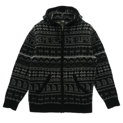 Supreme シュプリーム 22AW NT522121 × THE NORTH FACE Zip Up Hooded Sweater ジップアップ フーデッド ノルディック柄 セーター ニット パーカー ブラック系 L【中古】