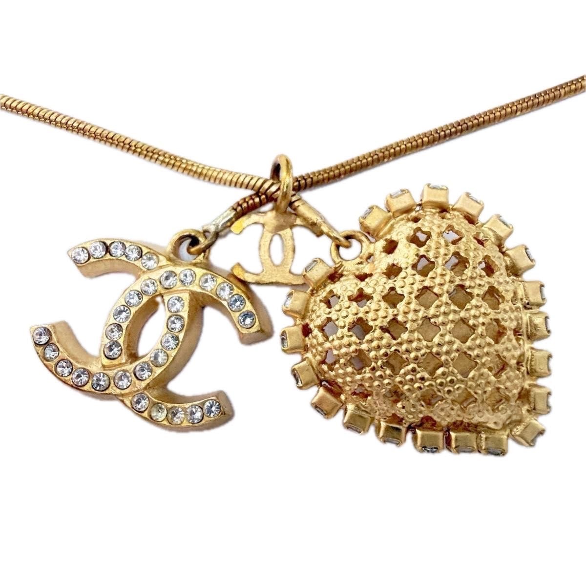 CHANEL シャネル ロングネックレス ココマーク ハート ラインストーン ゴールド レディース ヴィンテージ アクセサリー