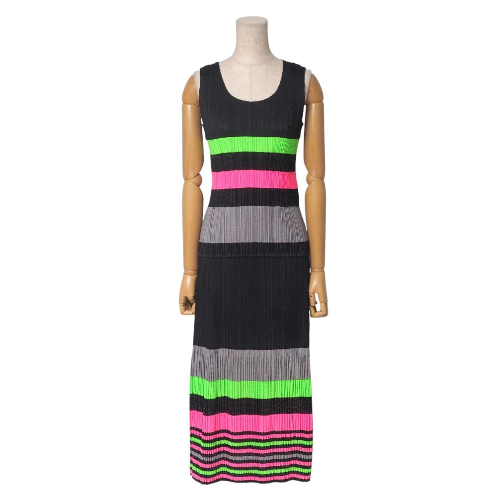 ■美品■PLEATS PLEASE ISSEY MIYAKE プリーツプリーズ イッセイミヤケ スカートセットアップ サイズ3 プリーツ ノースリーブ スカート ブラック × ネオンカラー ブランド古着【中古】20250501/RA4493