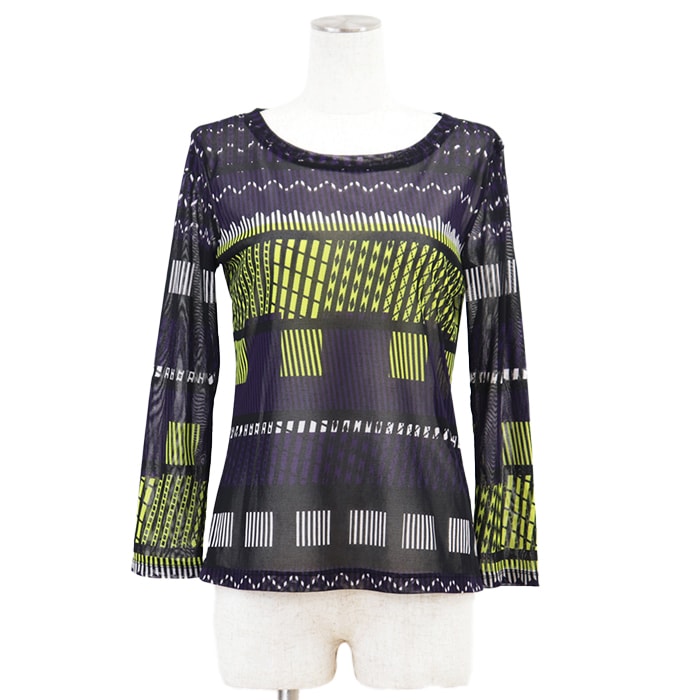 SALE【極美品】ISSEY MIYAKE イッセイミヤケ カットソー サイズ 2 レディース ジオメトリック シースルー 長袖 トップス ブラック 黒 日本製