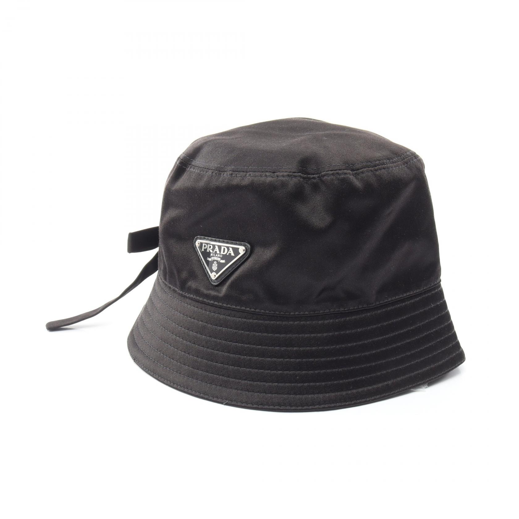 プラダ PRADA トライアングルロゴ リボン バケット ハット 帽子 シルク レディース ブラック系 【中古】