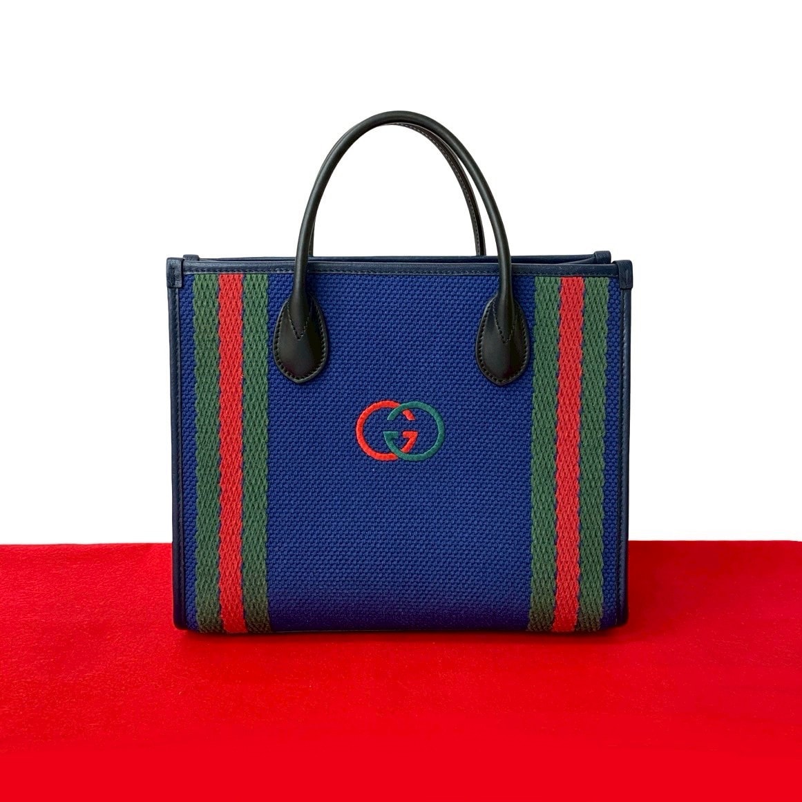 GUCCI グッチ インターロッキング G シェリーライン キャンバス レザー ハンドバッグ ブルー
 841-9