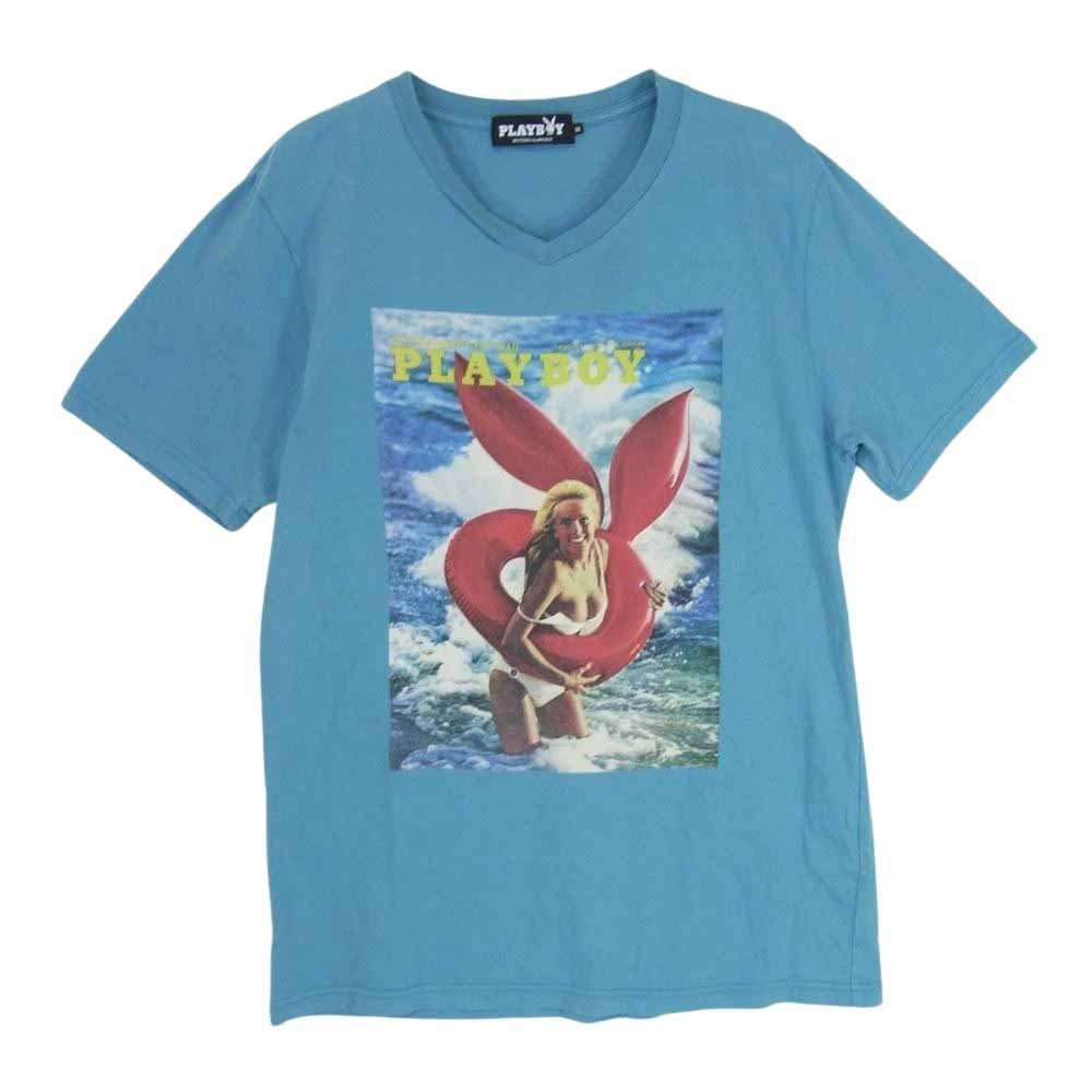 HYSTERIC GLAMOUR ヒステリックグラマー Tシャツ 1241CT08 × PLAY BOY プレイボーイ プリント  Vネック Tシャツ ブルー系 M【中古】