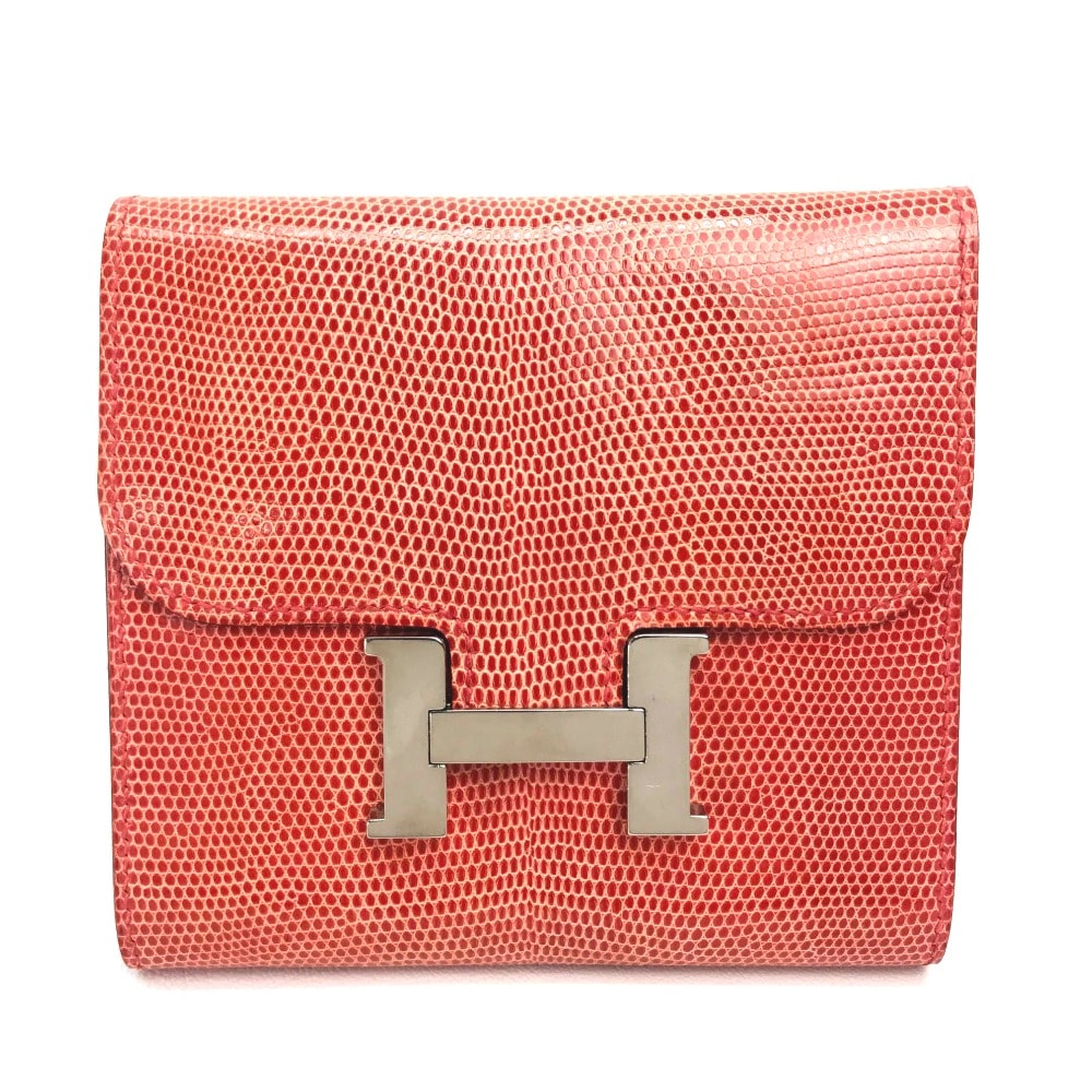 エルメス HERMES コンスタンス コンパクトウォレット 2つ折り財布 リザード N□刻 ブーゲンビリア シルバー金具