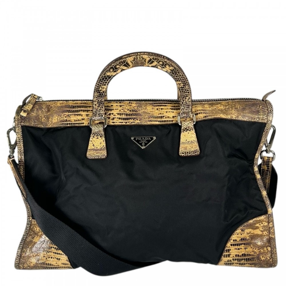PRADA プラダ ハンドバッグ  ナイロン  パイソン  ブラック 黒 シルバー金具 レディース【中古品】