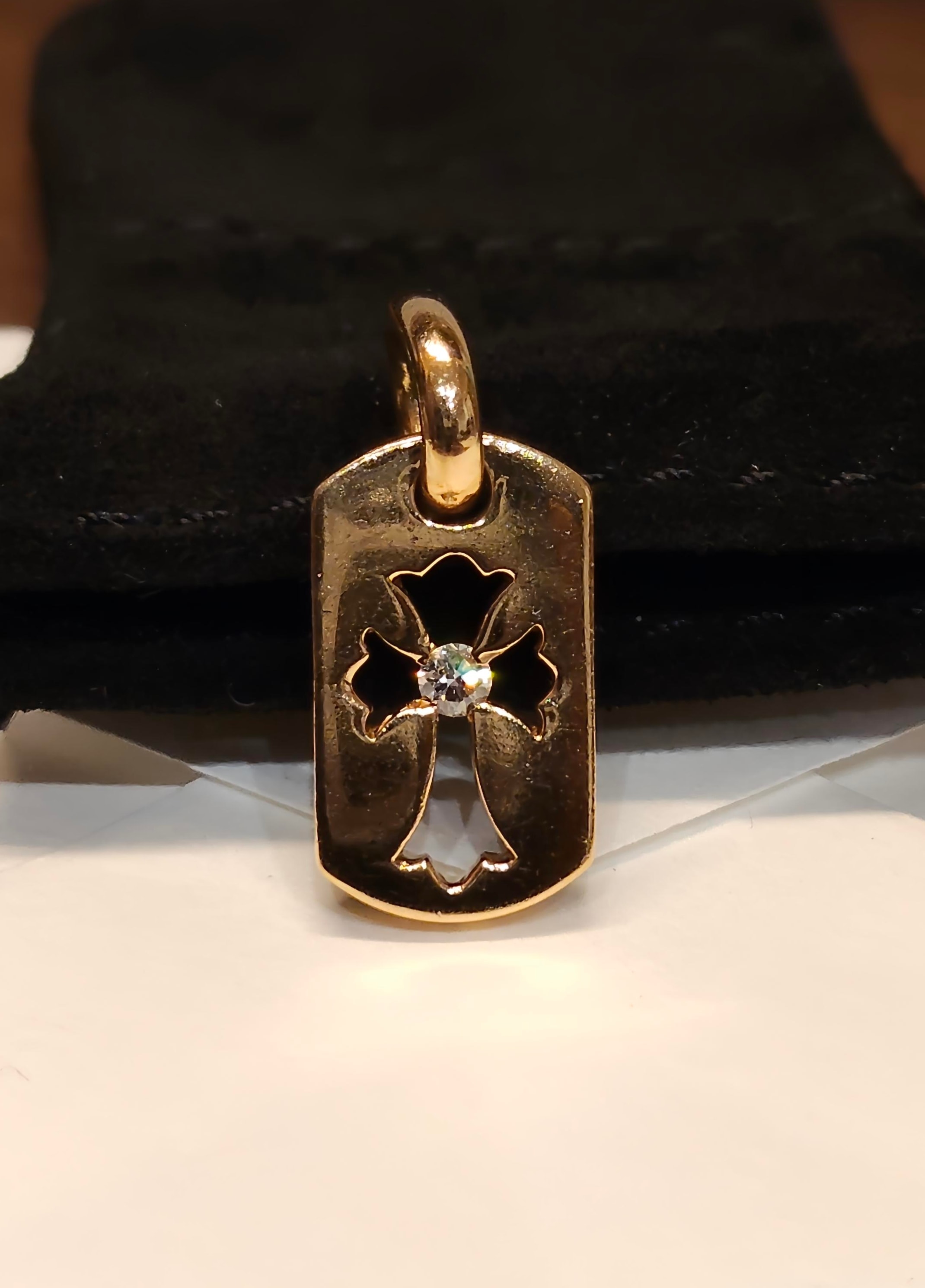 Chrome Hearts 22K Dog Tag Tiny Cut Out Cross with Diamond "Yellow Gold"