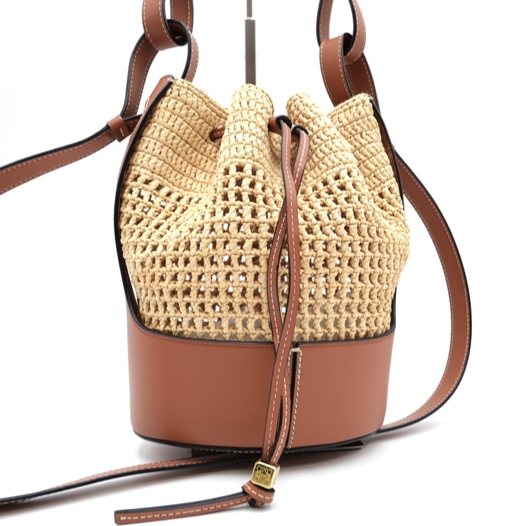 LOEWE(ロエベ)バルーン スモール バッグ ショルダーバッグ 巾着バッグ ラフィア カーフレザー ナチュラル ブラウン ゴールド金具 レディース 斜め掛け 肩掛け【中古】