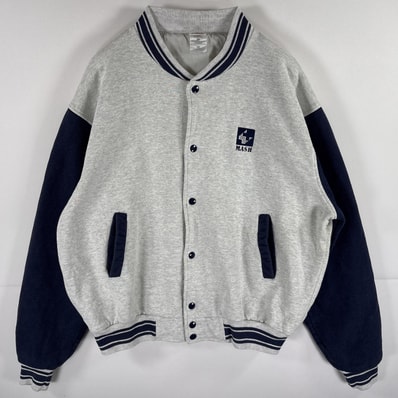 古着 フルーツオブザルーム FRUIT OF THE LOOM スタジャン アワードジャケット スナップボタン 企業ロゴ刺繍 ツートンカラー XL グレー メンズ