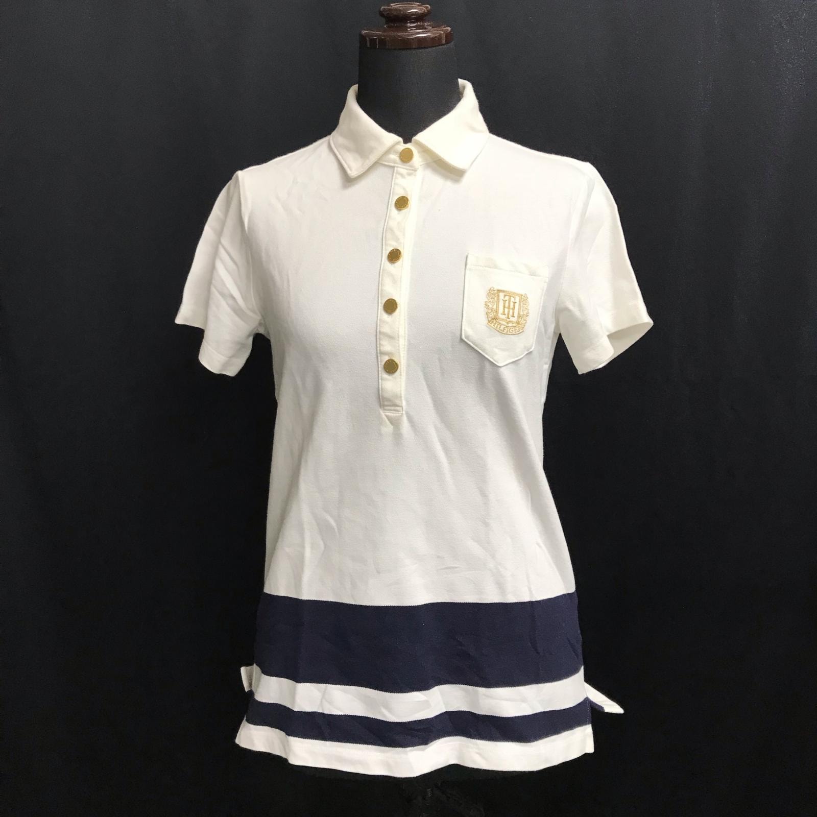 TOMMY HILFIGER/トミーヒルフィガー★半袖ポロシャツ【レディースS/白×紺/white×navy/胸元刺繍】Tops/日本正規代理店タグ◆BJ102-b