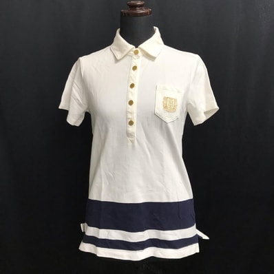 TOMMY HILFIGER/トミーヒルフィガー★半袖ポロシャツ【レディースS/白×紺/white×navy/胸元刺繍】Tops/日本正規代理店タグ◆BJ102-b