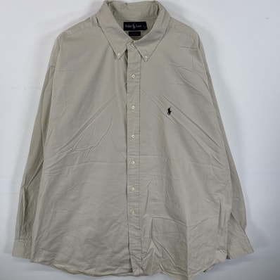 古着 ラルフローレン RALPH LAUREN 長袖シャツ ボタンダウンシャツ ワンポイント ロゴ 刺繍 大きいサイズ 14041 ベージュ 無地 メンズ
