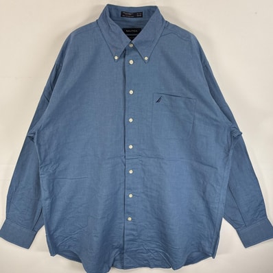 古着 ノーティカ NAUTICA 長袖シャツ オックスフォードシャツ ボタンダウンシャツ ワンポイント ロゴ 刺繍 16 1/2 L-XL ブルー系 無地 メンズ