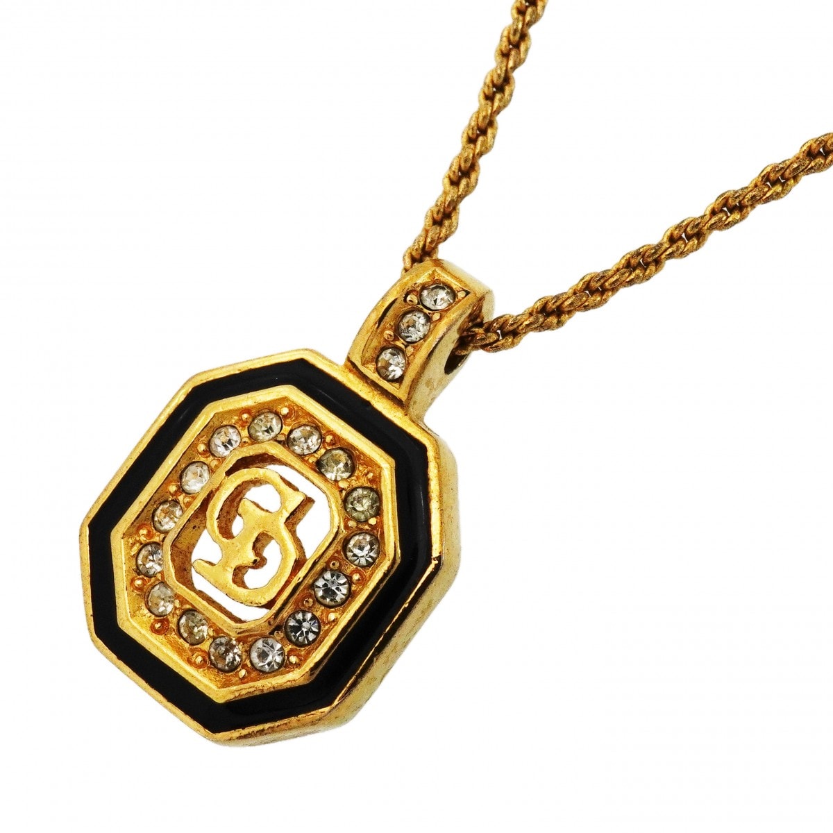 【6jdb0048】クリスチャンディオール ネックレス CDロゴ GPメッキ ラインストーン ゴールド ブラック【中古】レディース