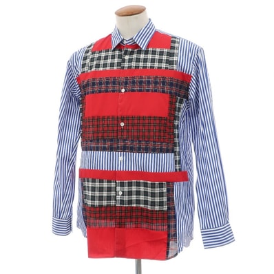 【中古】【未使用】コムデギャルソンシャツ COMME des GARCONS SHIRT 2025年秋冬 ストライプ チェック パッチワーク カジュアルシャツ ブルーxホワイト【サイズM】【メンズ】