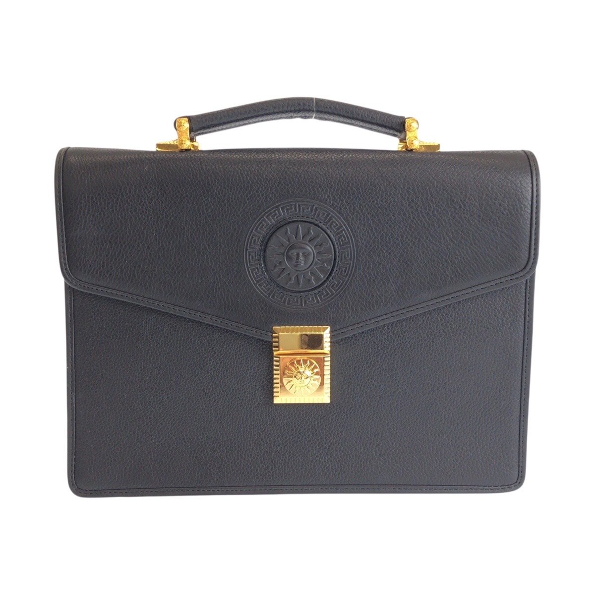 美品 VERSACE ヴェルサーチ ヴィンテージ サンバースト ブラック 黒 ゴールド金具 レザー セカンドバッグ クラッチバッグ ビジネスバッグ 600703 【中古】