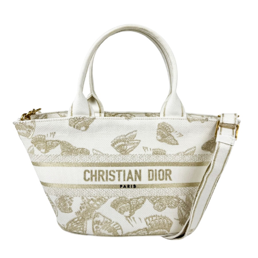 クリスチャンディオール Christian Dior ハンドバッグ ショルダーバッグ パニエ シャポー キャンバス ホワイト/ゴールド レディース【中古】 z11226