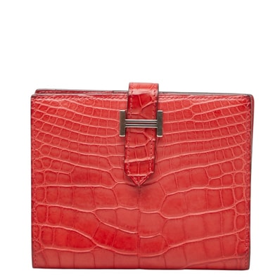 エルメス ベアン コンパクト 二つ折り財布 D刻印 2019年 レッド系 シルバー金具 アリゲーター レディース HERMES 中古