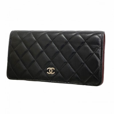 【6db1835-k】シャネル 長財布 マトラッセ ラムスキン ブラック シルバー金具【中古】レディース