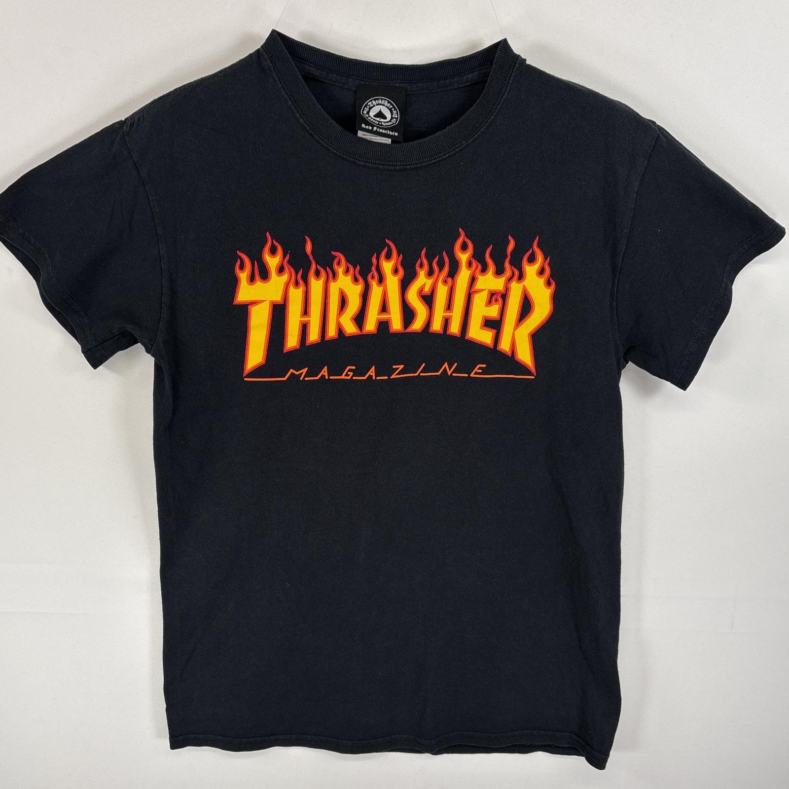 古着 スラッシャー THRASHER  ラバーロゴプリント ファイヤーデザイン スケボー S  ブラック 無地 メンズ