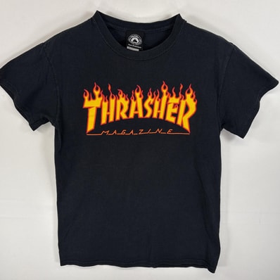 古着 スラッシャー THRASHER ラバーロゴプリント ファイヤーデザイン スケボー S ブラック 無地 メンズ