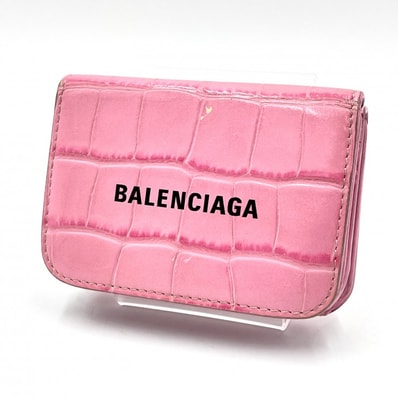 BALENCIAGA(バレンシアガ)キャッシュ ミニウォレット 三つ折り財布 ピンク レザー ロゴ コンパクトウォレット レディース【中古】