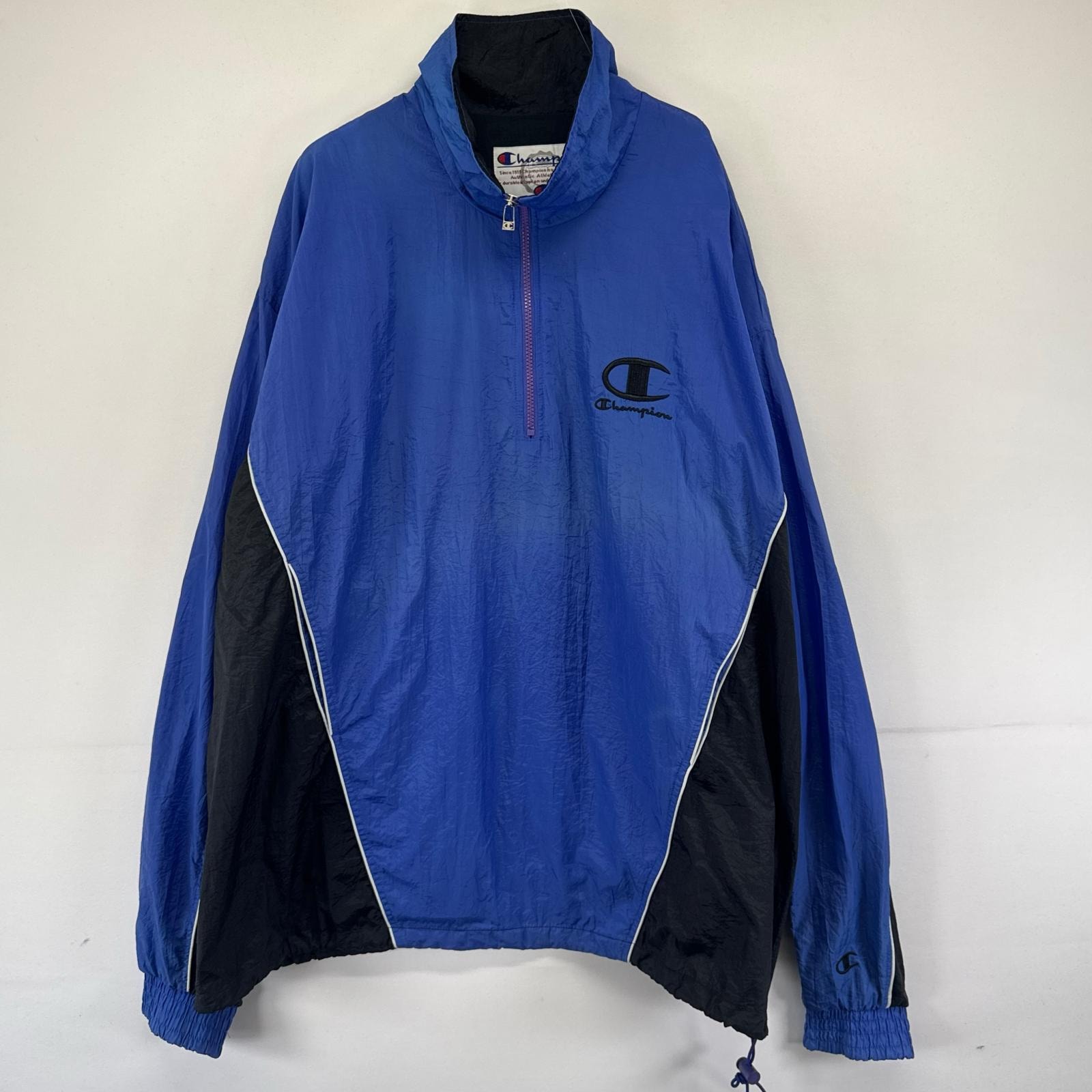 古着 90's/90年代 チャンピオン Champion ジャケット ハーフジップ プルオーバー ワンポイントロゴ 大きいサイズ 2XL  ブルー系 メンズ