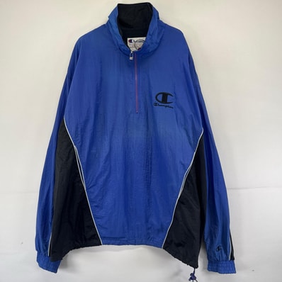 古着 90's/90年代 チャンピオン Champion ジャケット ハーフジップ プルオーバー ワンポイントロゴ 大きいサイズ 2XL ブルー系 メンズ