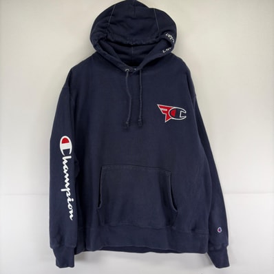 古着 チャンピオン Champion スウェット パーカー 刺繍 リバースウィーブ ワッペン 大きいサイズ ワンポイント XL ネイビー 無地 メンズ