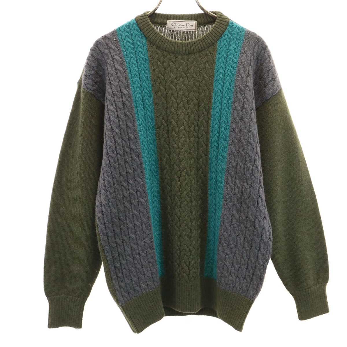Christian Dior MONSIEUR クリスチャンディオール ムッシュ 90s 日本製 オールド 長袖 ケーブル セーター M カーキ ニット