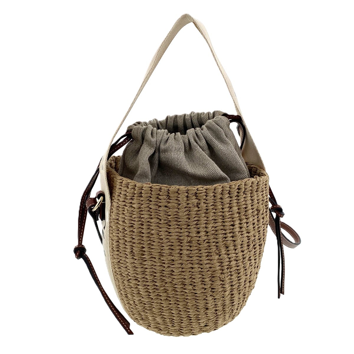 Chloe クロエ 2WAY ウッディ スモールバスケット ショルダーバッグ CHC22SS381G55101 ラフィア キャンバス ホワイト ベージュ  レディース【中古】