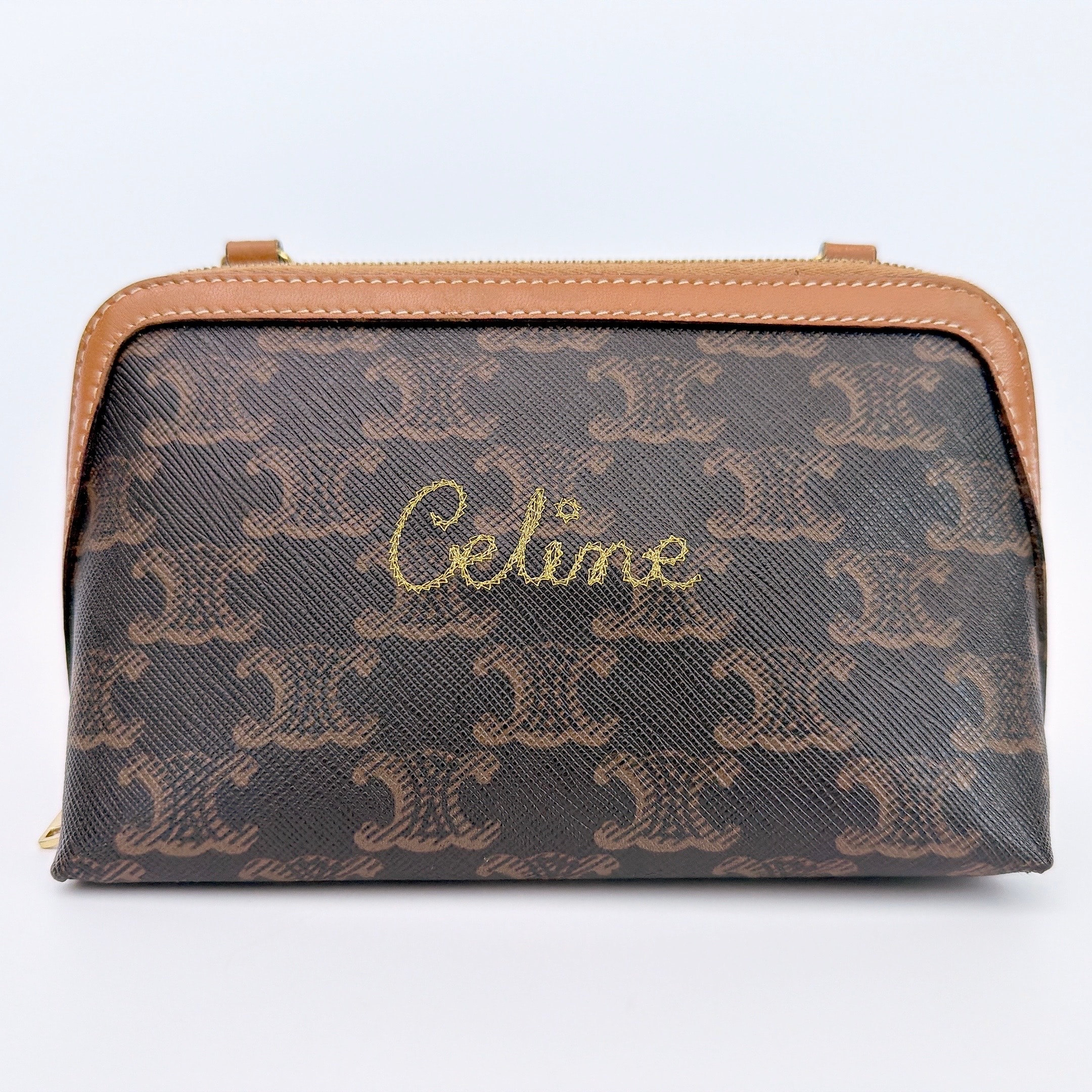 CELINE Clutch with Chain in Triomphe Canvas with Embroidered CELINE  "Tan"