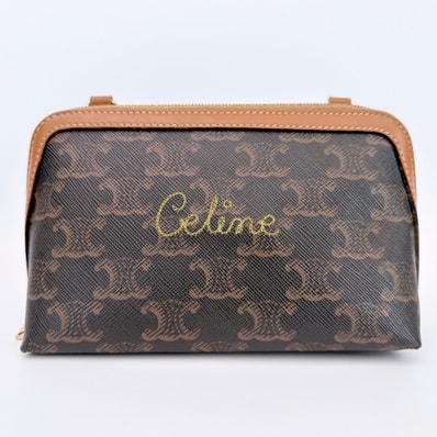 CELINE Clutch with Chain in Triomphe Canvas with Embroidered CELINE "Tan"