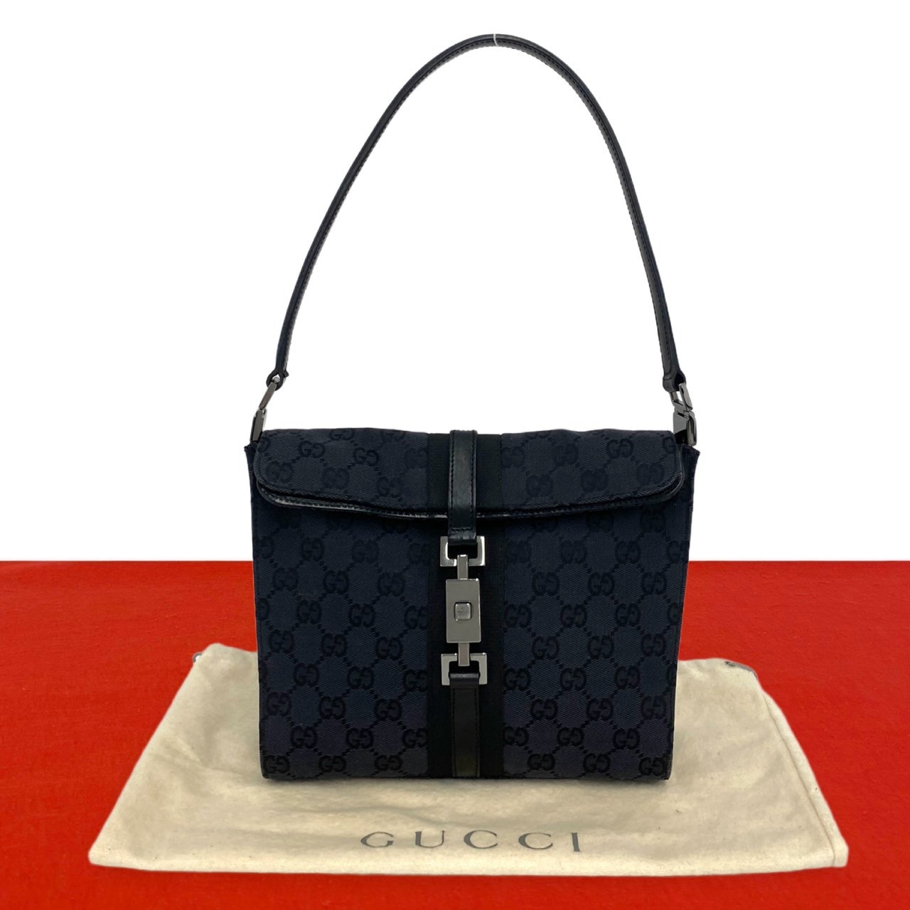 GUCCI グッチ ジャッキー 金具 GG 柄 キャンバス レザー ショルダーバッグ ブラック
 12889