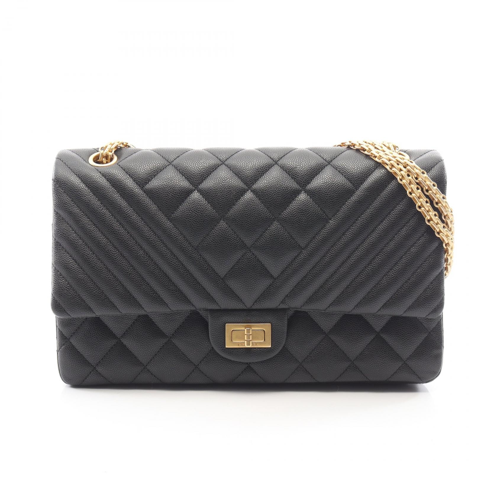 シャネル CHANEL 2.55 マトラッセ Vステッチ Wフラップ ショルダーバッグ バッグ キャビアスキン(グレインドカーフ) レディース ブラック系 【中古】