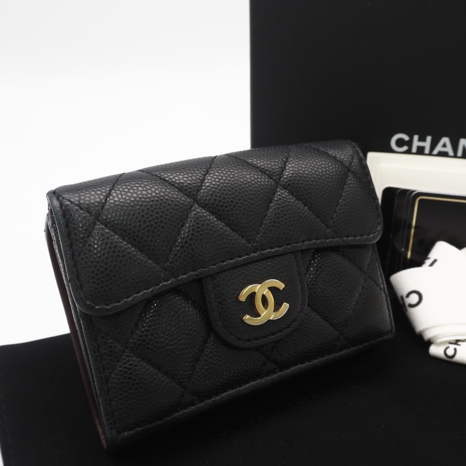 美品 CHANEL シャネル キャビアスキン マトラッセ コンパクトウォレット AP0230 三つ折り財布 ブラック キャビアスキン レディース