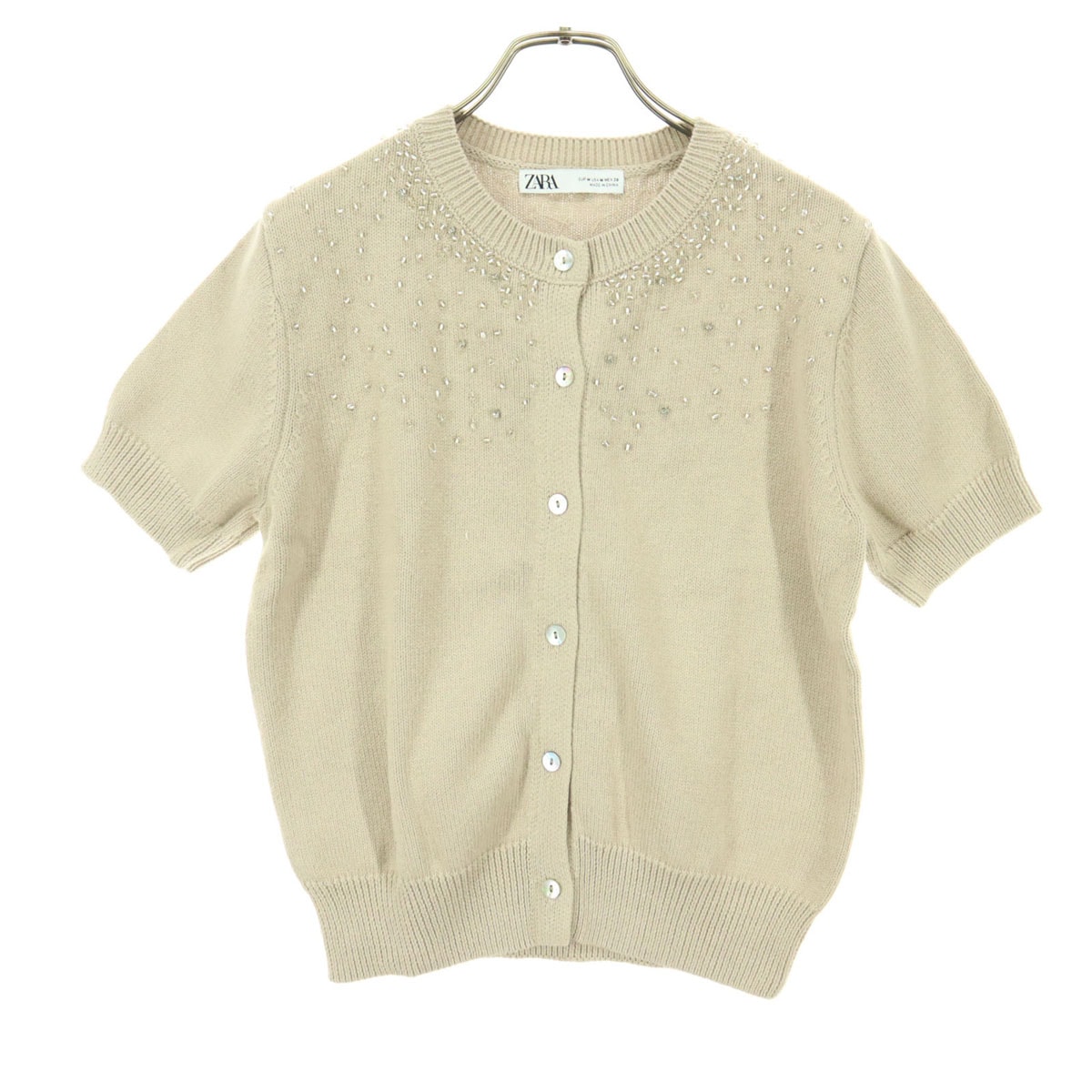 美品 ZARA ザラ ビジュー 半袖 ニットカーディガン M ベージュ