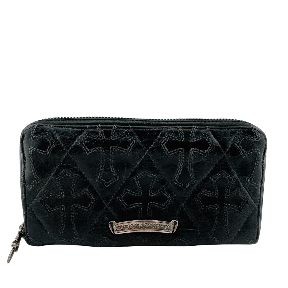 Chrome Hearts REC F Zip Cemetary Cross Quilted Destroy Leather Wallet "Black"