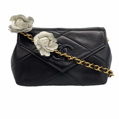 ★最終価格【6db1389-k】シャネル ショルダーバッグ カメリア チェーンショルダー ラムスキン ブラック ゴールド金具【中古】レディース