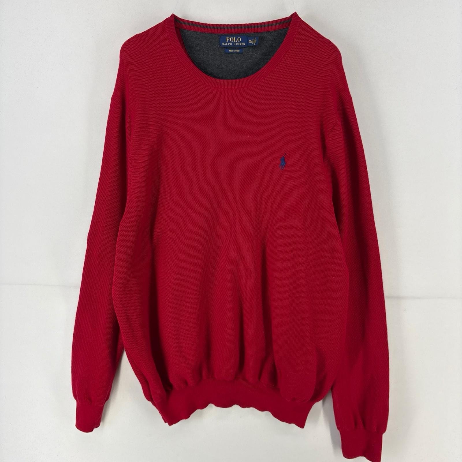 古着 ポロ・ラルフローレン POLO RALPH LAUREN ニット 長袖 刺繍 クルーネック ワンポイント ロゴ トレーナー 2XL  レッド メンズ