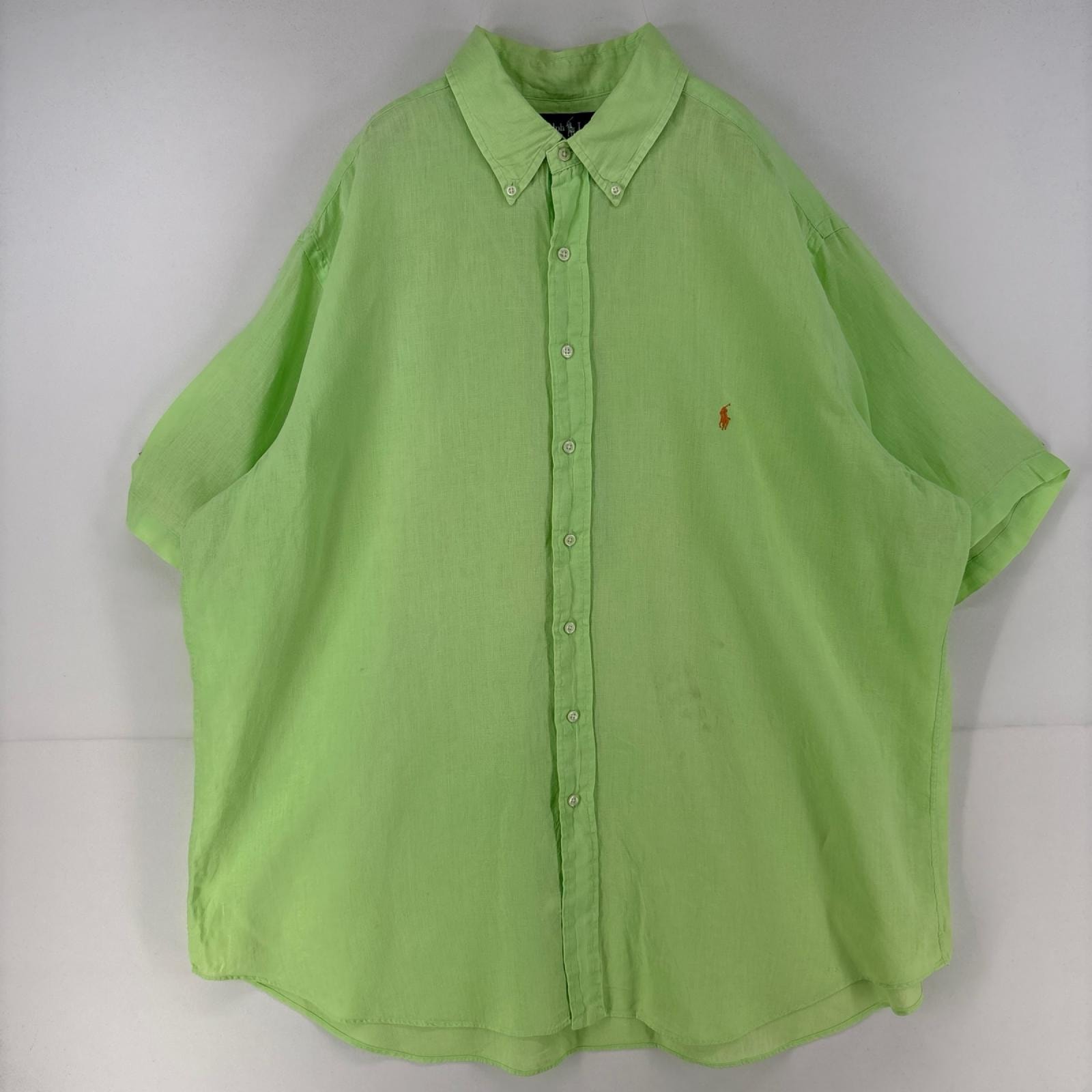 古着 ラルフローレン RALPH LAUREN 半袖シャツ ボタンダウン ワンポイントロゴ リネン 大きいサイズ 2XL グリーン メンズ