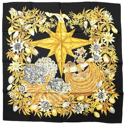 【美品】HERMES エルメス カレ90 シルク100% PASSIFLORES パッションフラワー スカーフ ロゴ 小物 メンズ レディース ユニセックス ブラック イエロー 黒 黄 フランス製 v.dawlat