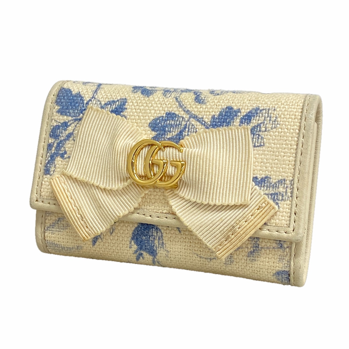 【6hb1432-k】グッチ キーケース GGリボン 435818 キャンバス ベージュ ブルー ゴールド金具【中古】レディース