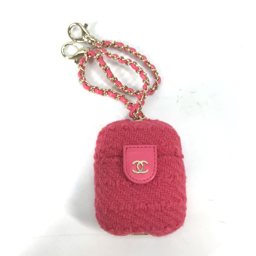 シャネル CHANEL airpodsケース エアポッズ アップル apple ポーチ チェーン付き イヤフォンケース ツイード ピンク 美品