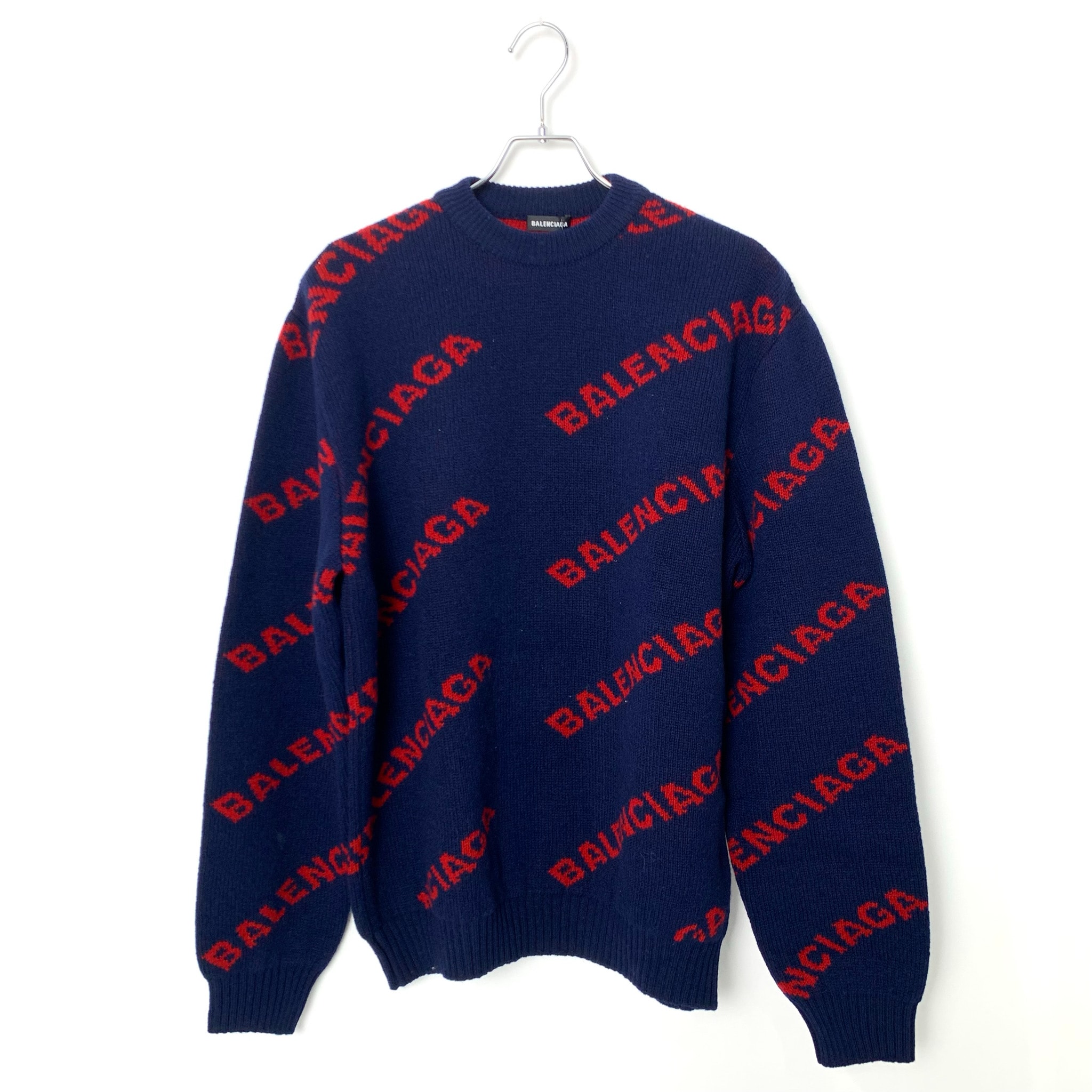 BALENCIAGA All Over Logo Crew Neck Knit Sweater Navy×Red