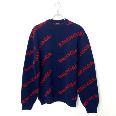BALENCIAGA All Over Logo Crew Neck Knit Sweater Navy×Red