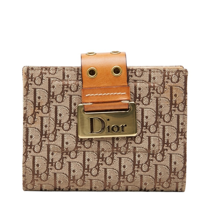 ディオール トロッター ジャガード カードケース 二つ折り ベージュ ブラウン キャンバス レザー レディース Dior 【中古】