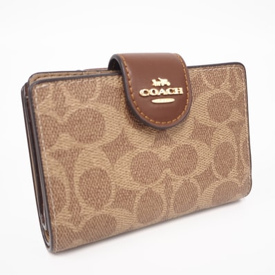 美品 COACH コーチ キャンバス ミディアム コーナー ジップ ウォレット シグネチャー キャンバス CW786 二つ折り財布 ブラウン ベージュ コーティングキャンバス レザー レディース